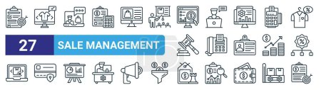 set of 27 outline web sale management icons such as target, select product, product management, customer service, fax, secure payment, strategy, target vector thin line icons for web design, mobile
