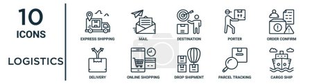 logistics outline icon set such as thin line express shipping, destination, order confirm, online shopping, parcel tracking, cargo ship, delivery icons for report, presentation, diagram, web design