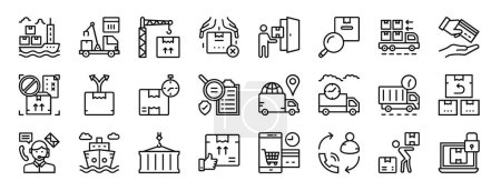set of 24 outline web logistics icons such as cargo ship, crane truck, crane, fragile package, home delivery, parcel tracking, delivery truck vector icons for report, presentation, diagram, web