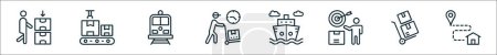 outline set of logistics line icons. linear vector icons such as porter, conveyor, cargo train, courier, cargo ship, destination, hand truck, home address