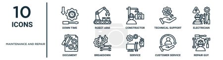 maintenance and repair outline icon set such as thin line down time, constructor, electrician, breakdown, customer service, repair guy, document icons for report, presentation, diagram, web design