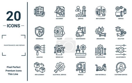 maintenance and repair linear icon set. includes thin line , insurance, analysis, replacement, customer service, maintenance, adjustments icons for report, presentation, diagram, web design