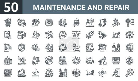set of 50 outline web maintenance and repair icons such as purchase, replacement, inspection, components, , repair, measurement vector thin icons for report, presentation, diagram, web design,