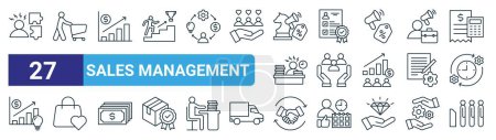 Illustration for Set of 27 outline web sales management icons such as difficulty, costumer, profit growth, qualification, human resources, favorite, relationship, queue vector thin line icons for web design, mobile - Royalty Free Image
