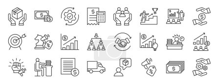Ilustración de Conjunto de 24 iconos de gestión de ventas web esquema como producto, dinero, ejecución, cálculo, recursos humanos, alcanzar la meta, iconos de vectores de presentación para el informe, presentación, diagrama, diseño web, - Imagen libre de derechos
