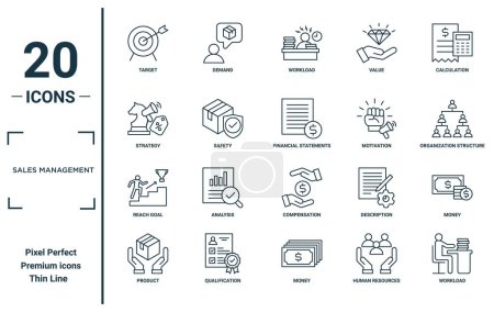 Ilustración de Conjunto de iconos lineales de gestión de ventas. incluye objetivo de línea delgada, estrategia, meta de alcance, producto, carga de trabajo, estados financieros, iconos de dinero para el informe, presentación, diagrama, diseño web - Imagen libre de derechos