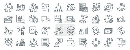 Ilustración de Conjunto de 40 iconos de gestión de ventas web esquema tales como presentación, carga de trabajo, cliente, reclutamiento, proceso, beneficio, iconos de estrategia para el informe, presentación, diagrama, diseño web, aplicación móvil - Imagen libre de derechos