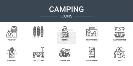 set of 10 outline web camping icons such as trash bin, , woman, first aid box, camping table, bug spray, trolley cart vector icons for report, presentation, diagram, web design, mobile app