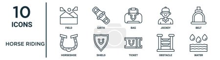 conjunto de iconos de esquema de equitación, como campo de línea delgada, bolsa, cinturón, escudo, obstáculo, agua, iconos de herradura para el informe, presentación, diagrama, diseño web