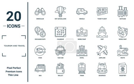 tourism and travel linear icon set. includes thin line binocular, exchange rate, food, bus, passport, mobile map, route icons for report, presentation, diagram, web design