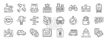 set of 24 outline web tourism and travel icons such as route, airplane, backpack, hotel, suitcase, binocular, mobile map vector icons for report, presentation, diagram, web design, mobile app