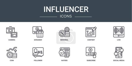 Satz von 10 umrissenen Web-Influencer-Symbolen wie Kamera, Werbegeschenk, Überweisung, Inhalt, live, Münze, Follower-Vektor-Symbole für Bericht, Präsentation, Diagramm, Webdesign, mobile App