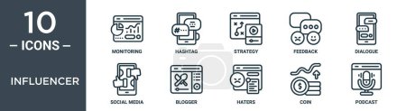 influencer outline icon set includes thin line monitoring, hashtag, strategy, feedback, dialogue, social media, blogger icons for report, presentation, diagram, web design
