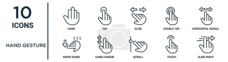 hand gesture outline icon set such as thin line hand, slide, horizontal scroll, hand cursor, touch, slide right, swipe down icons for report, presentation, diagram, web design
