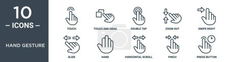 mano gesto esquema icono conjunto incluye toque de línea delgada, toque y arrastre, doble toque, alejar, deslizar a la derecha, diapositiva, iconos de mano para el informe, presentación, diagrama, diseño web