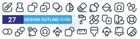 set of 27 outline web design outline icon icons such as brush, glass, shapes, path, de, path, ruler, mask vector thin line icons for web design, mobile app.