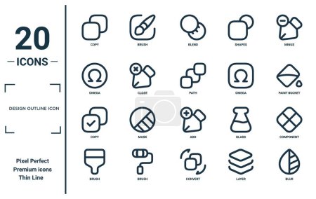 design outline icon linear icon set. includes thin line copy, omega, copy, brush, blur, path, component icons for report, presentation, diagram, web design