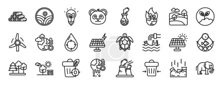 Satz von 24 umrissenen Web-Earth-Day-Symbolen wie Entwaldung, Landwirtschaft, grüne Energie, Panda, Chemie, Lebensraum, Graslandvektorsymbole für Bericht, Präsentation, Diagramm, Webdesign, mobile App