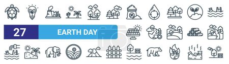 set of 27 outline web earth day icons such as sea turtle, green energy, incineration, renewable energy, climate action, beach, lake, park vector thin line icons for web design, mobile app.