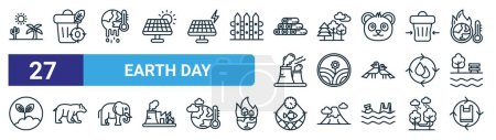set of 27 outline web earth day icons such as desert, zero waste, climate change, nature, agriculture, polar bear, over fishing, reuse vector thin line icons for web design, mobile app.