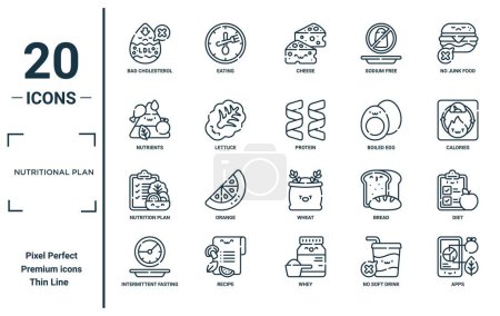 Ilustración de Plan nutricional conjunto de iconos lineales. incluye colesterol malo de línea delgada, nutrientes, plan de nutrición, ayuno intermitente, aplicaciones, proteínas, iconos de la dieta para el informe, presentación, diagrama, diseño web - Imagen libre de derechos