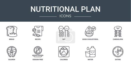 set of 10 outline web nutritional plan icons such as bread, recipe, fat, good cholesterol, cardiolipin, salmon, sodium free vector icons for report, presentation, diagram, web design, mobile app