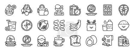 set of 24 outline web nutritional plan icons such as bad cholesterol, healthy food, drink, scale, nutritional plan, low fat, calories calculator vector icons for report, presentation, diagram, web
