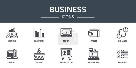 set of 10 outline web business icons such as working, chart bars, money, wallet, exchange, report, training vector icons for report, presentation, diagram, web design, mobile app