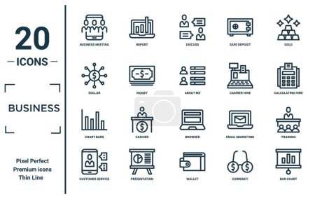 Illustration for Business linear icon set. includes thin line business meeting, dollar, chart bars, customer service, bar chart, about me, training icons for report, presentation, diagram, web design - Royalty Free Image