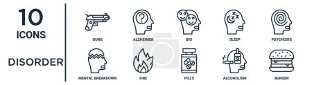 disorder outline icon set such as thin line guns, bio, psychosis, fire, alcoholism, burger, mental breakdown icons for report, presentation, diagram, web design