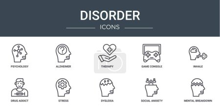 set of 10 outline web disorder icons such as psychology, alzheimer, therapy, game console, inhale, drug addict, stress vector icons for report, presentation, diagram, web design, mobile app