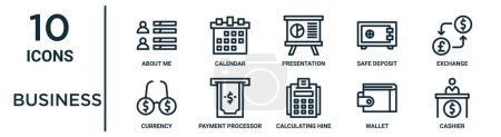 Business Outline Icon Set wie dünne Linie über mich, Präsentation, Austausch, Zahlungsprozessor, Brieftasche, Kasse, Währungssymbole für Bericht, Präsentation, Diagramm, Webdesign