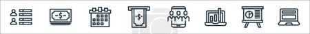 Illustration for Outline set of business line icons. linear vector icons such as about me, money, calendar, payment processor, business meeting, report, presentation, browser - Royalty Free Image