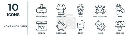 home and living outline icon set such as thin line dining table, vase, keys, piggy bank, clock, mail box, window icons for report, presentation, diagram, web design