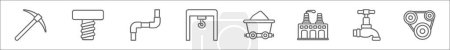 Ilustración de Esquema conjunto de iconos de línea industrial. iconos vectoriales lineales como pico, tornillo, tubería, grúa pórtico, carro de la mina, fábrica, suministro de agua, correa dentada - Imagen libre de derechos