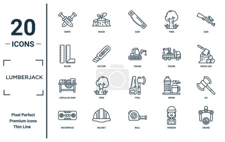 lumberjack linear icon set. includes thin line knife, ruler, circular saw, waterpass, crane, crane, ax icons for report, presentation, diagram, web design