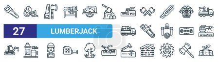 set of 27 outline web lumberjack icons such as saw, crane, tool, ax, chainsaw, drink, hammer, wood vector thin line icons for web design, mobile app.