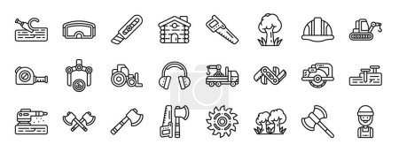 Illustration for Set of 24 outline web lumberjack icons such as sculpt, glasses, cutter, house, saw, tree, helmet vector icons for report, presentation, diagram, web design, mobile app - Royalty Free Image