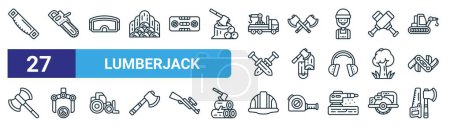 set of 27 outline web lumberjack icons such as saw, chainsaw, glasses, ax, wood, crane, helmet, tool vector thin line icons for web design, mobile app.