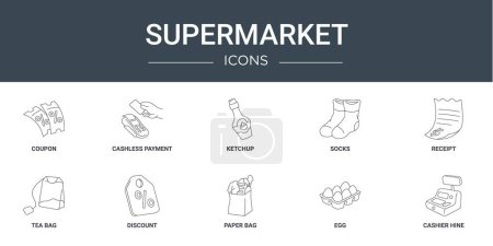 10 umrissene Web-Supermarkt-Symbole wie Gutschein, bargeldloses Bezahlen, Ketchup, Socken, Quittung, Teebeutel, Rabattvektorsymbole für Bericht, Präsentation, Diagramm, Webdesign, mobile App