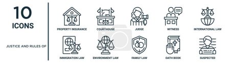 Illustration for Justice and rules of outline icon set such as thin line property insurance, judge, international law, environment law, oath book, suspected, immigration law icons for report, presentation, diagram, - Royalty Free Image