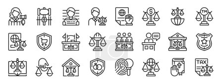 Téléchargez les illustrations : Ensemble de 24 esquisses web justice et règles d'icônes telles que juge, prison, soupçonné, avocat, activisme, lois financières, icônes vectorielles de droit international pour rapport, présentation, diagramme, conception web, - en licence libre de droit