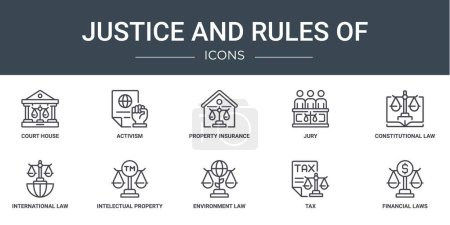 Illustration for Set of 10 outline web justice and rules of icons such as court house, activism, property insurance, jury, constitutional law, international law, intelectual property vector icons for report, - Royalty Free Image
