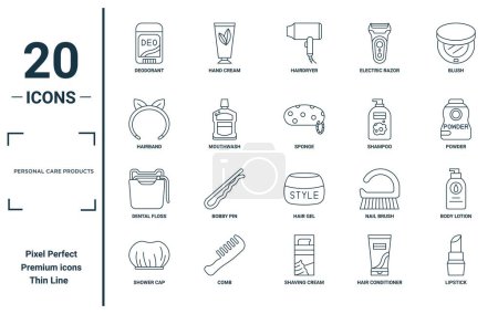 personal care products linear icon set. includes thin line deodorant, hairband, dental floss, shower cap, lipstick, sponge, body lotion icons for report, presentation, diagram, web design