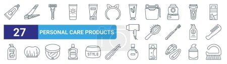 set of 27 outline web personal care products icons such as toothpaste, nail clipper, razor, dental floss, hairbrush, shower cap, perfume, nail brush vector thin line icons for web design, mobile