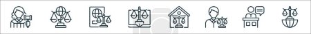 outline set of justice and rules of line icons. linear vector icons such as judge, environment law, immigration law, constitutional law, property insurance, advocate, witness, international