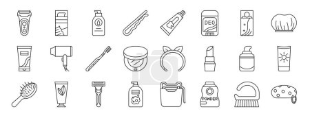 set of 24 outline web personal care products icons such as electric razor, shaving cream, body lotion, bobby pin, toothpaste, deodorant, hairspray vector icons for report, presentation, diagram, web