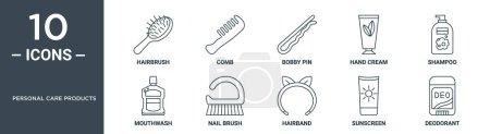 personal care products outline icon set includes thin line hairbrush, comb, bobby pin, hand cream, shampoo, mouthwash, nail brush icons for report, presentation, diagram, web design