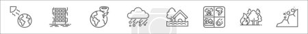 Illustration for Outline set of disaster line icons. linear vector icons such as warming, earthquakes, tornado, winter, flooding, disaster, wildfire, rock - Royalty Free Image