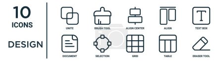 design outline icon set such as thin line unite, align center, text box, selection, table, eraser tool, document icons for report, presentation, diagram, web design
